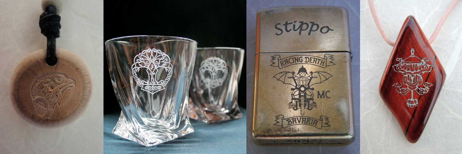 Sangestrahlte Motive auf Holz, Glas, Metall und Stein